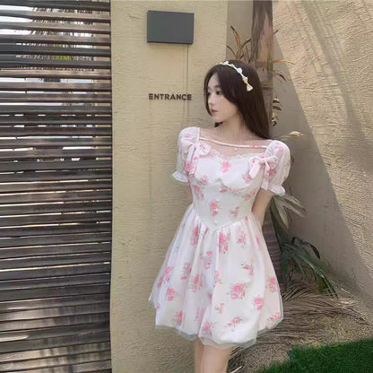 vmtvr outfit inspo Sweet Taro Cheese Pink Floral Skirt Sweet Bow Short Sleeve Dress Women's Spring and Summer New Fashion