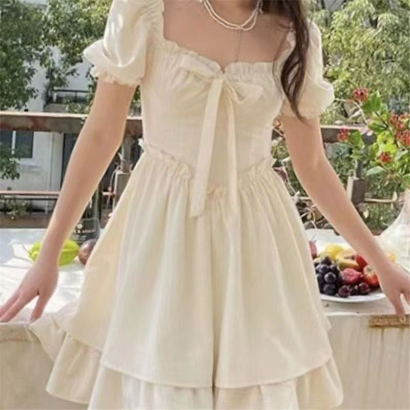 vmtvr summer dti Dress Summer Pure Desire Skirt New Square Collar Puff Sleeve Waist Slimming Super Fairy Sweet Solid Color Short Skirt for Women