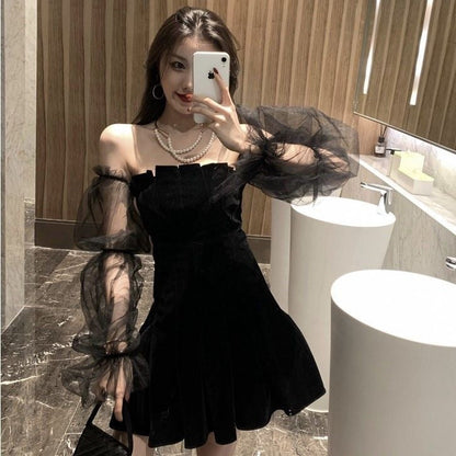 vmtvr - Gothic Sexy Dress Vintage Off Shoulder Lantern Sleeve Mesh Patchwork Velvet Mini Dress Dark Street Black Dress for Female