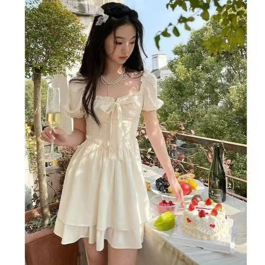 vmtvr summer dti Dress Summer Pure Desire Skirt New Square Collar Puff Sleeve Waist Slimming Super Fairy Sweet Solid Color Short Skirt for Women