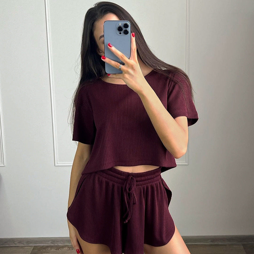 vmtvr summer fits Spring New Knitted round Neck Black Women's Home Wear Casual Short Sleeve Shorts Pajamas Two-Piece Set