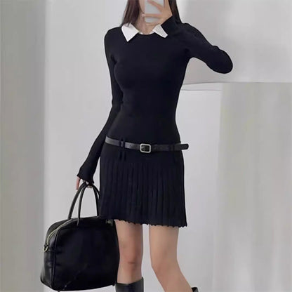 vmtvr autumn dress Fake Two-Piece Solid Color Knitted Dress Women's Autumn Slim Fit Pleated Skirt Hot Girl Short Skirt X2433