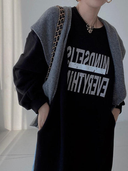 vmtvr - Simple Letter Print Denim Splt-joint Long Sleeve Sweatshirt Dress