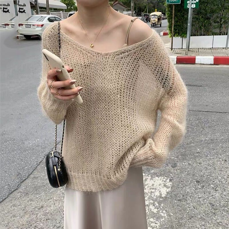 outfit inspo Hollow-out Knitted Blouse Early Autumn New Loose Outer Wear Lazy Pullover Mohair Thin Sweater