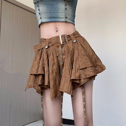 vmtvr 2000s fashion Retro Rock Irregular Hem Corns Ribbon High Waist Skirt Spring and Summer New Belt Solid Color Skirt