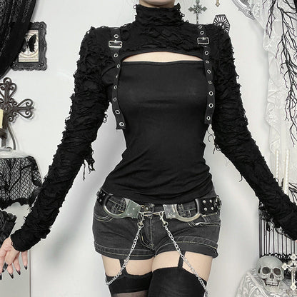 vmtvr skeleton dress to impress Autumn 2024 New Style Personalized Hot Girl All-Match Ripped Fabric Stitching Long-Sleeved Top for Women