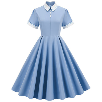 vmtvr harajuku dress to impress Original Hepburn Style Court Noble Temperament Trim Contrast Color Turtleneck Doll Collar Mid-Length Large Swing Retro Dress Women