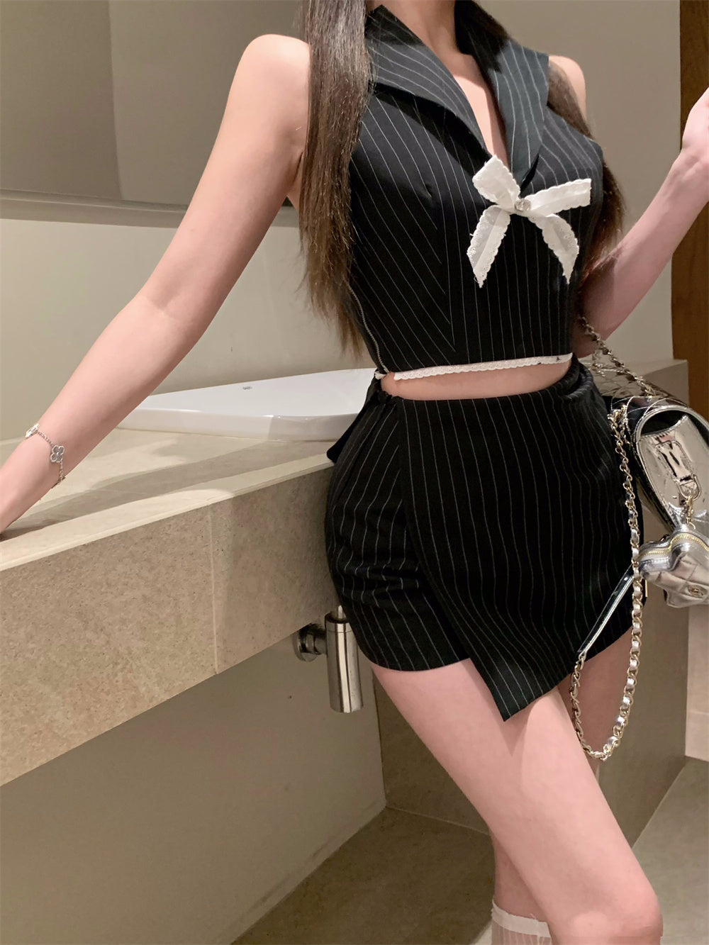 vmtvr dress to impress outfits Bowknot Striped Sleeveless Vest Top for Women Summer and a and Chic Suit Sheath Skirt Hot Girl Two-Piece Suit