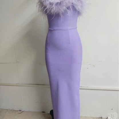 vmtvr classy demure mindful dress to impress Autumn New Sexy Tube Top Light Purple Feather Elegant Tight Slimming Long Bandage Dress