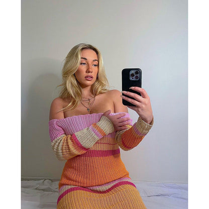 vmtvr 2024 fall fashion trends Long Contrast Color off-Shoulder Cut-out Beach Long Sleeve Knitted Striped Dress Women