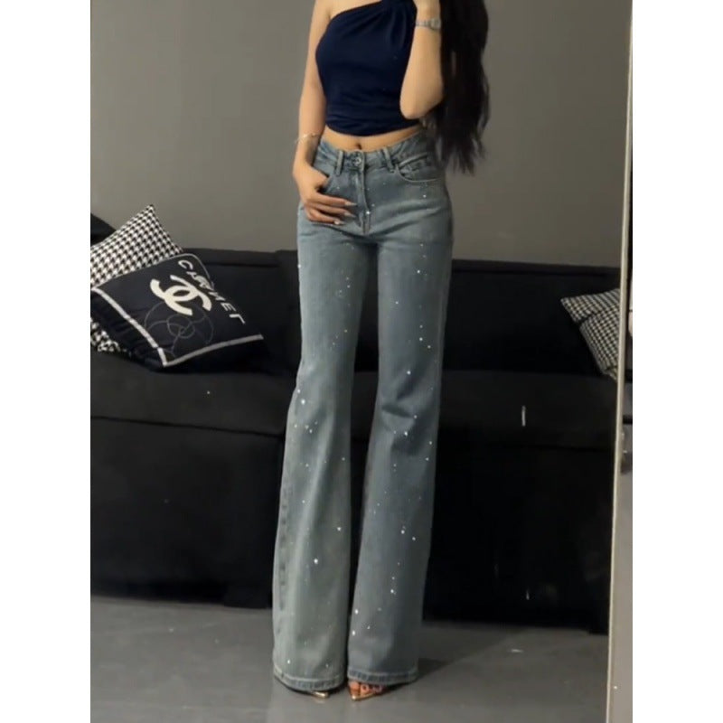 vmtvr outfit inspo Loose Retro Heavy-Duty Rhinestone High Waist Skinny Jeans for Women 2024 Summer New Style Slim Flared Pants without Leg Sticking