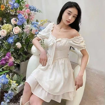 vmtvr summer dti Dress Summer Pure Desire Skirt New Square Collar Puff Sleeve Waist Slimming Super Fairy Sweet Solid Color Short Skirt for Women