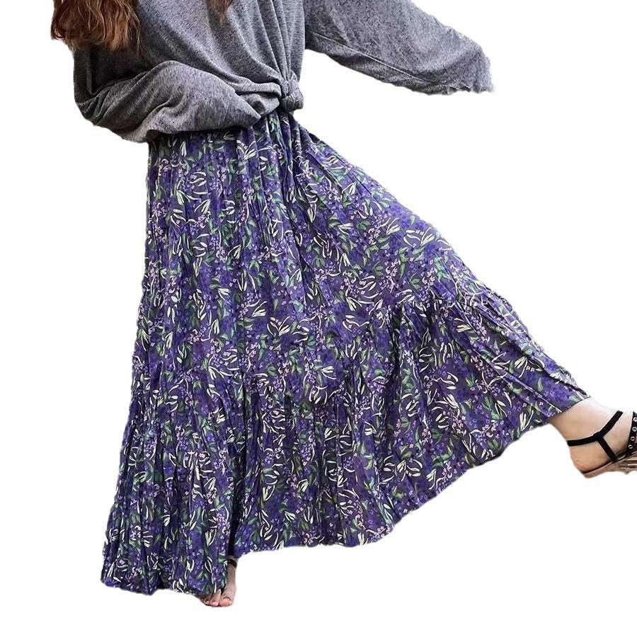 vmtvr teacher outfits Spring and Summer High Waist Large Swing Skirt Loose Slimming Retro A- line Skirt Floral Pleated Skirt