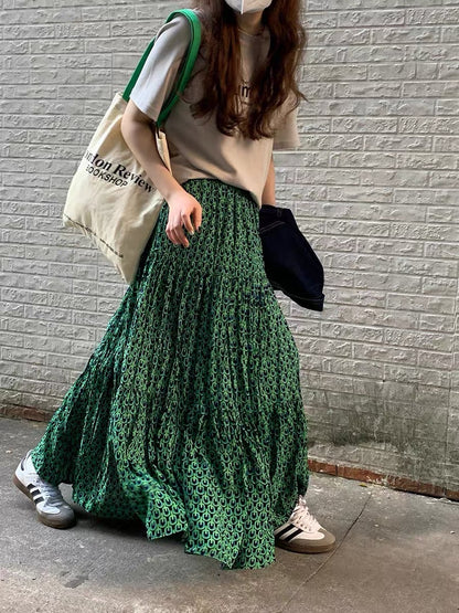 vmtvr teacher outfits Spring and Summer High Waist Large Swing Skirt Loose Slimming Retro A- line Skirt Floral Pleated Skirt