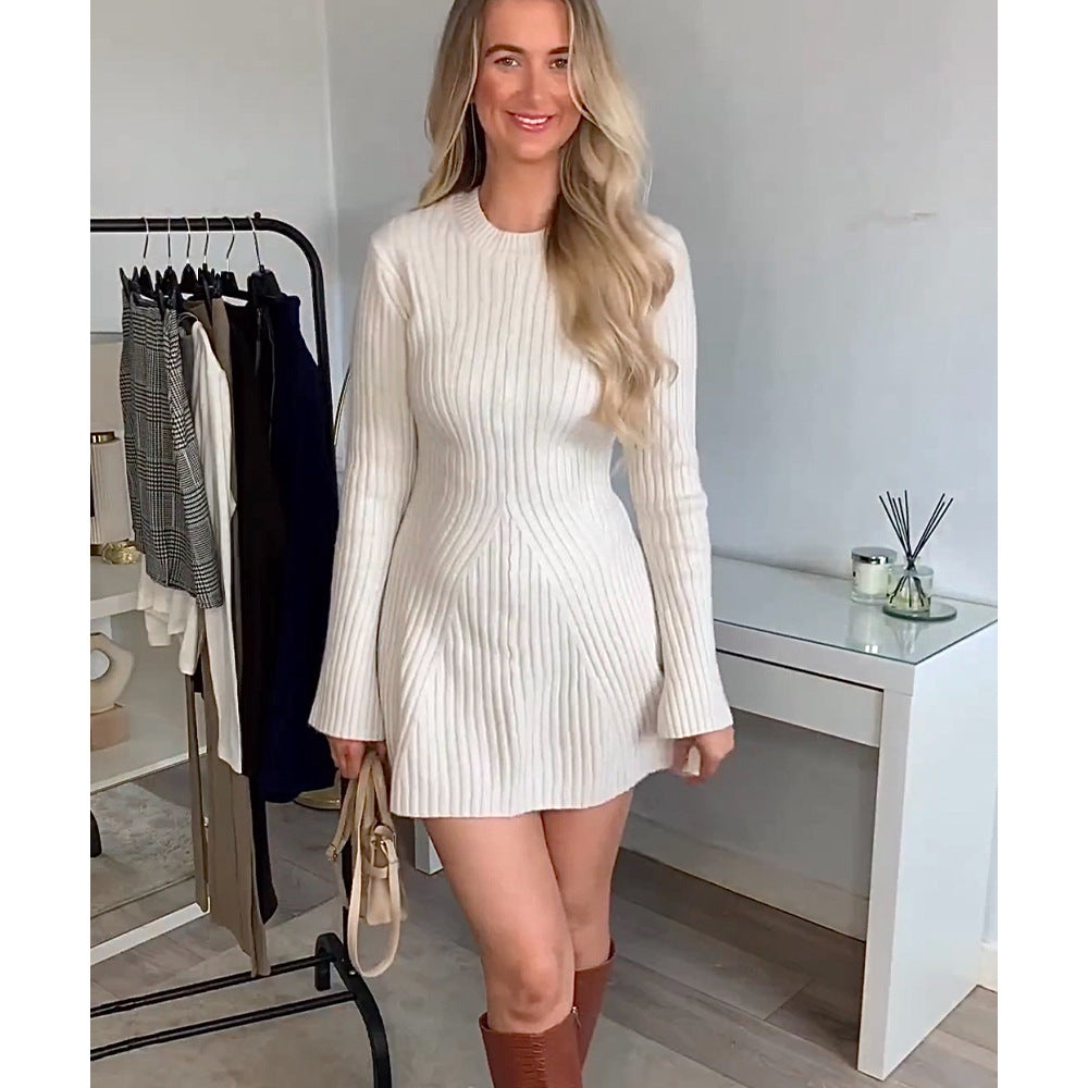 vmtvr fall outfits 2024 Spring and Autumn New Women's Clothing Elegant Solid Color Light Mature round Neck Knitted Long Sleeve Dress