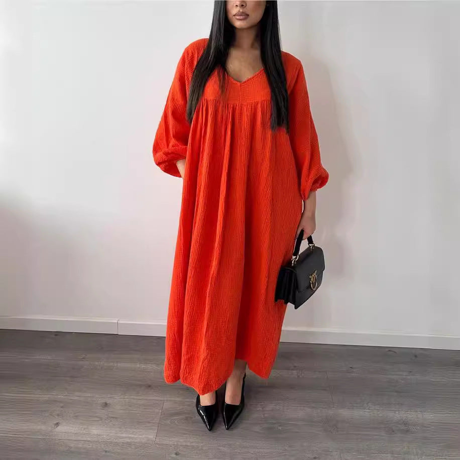 vmtvr outfit inspo 24 Summer and Autumn New Women's Dress Solid Color Long Sleeve Loose Casual Women's V-neck Dress