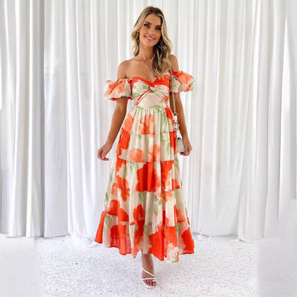 vmtvr summer outfits inspo Spring and Summer New Elegant Slim Print Puff Sleeve Large Swing High-End Dress Women