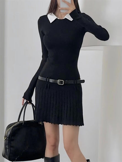 vmtvr autumn dress Fake Two-Piece Solid Color Knitted Dress Women's Autumn Slim Fit Pleated Skirt Hot Girl Short Skirt X2433