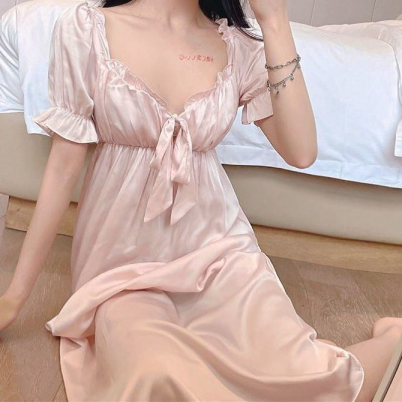 vmtvr fashion outfits Nightdress Women's Summer Ice Silk Short Sleeve 2024 New French Court Princess Style Fairy Long Pajamas Home Wear