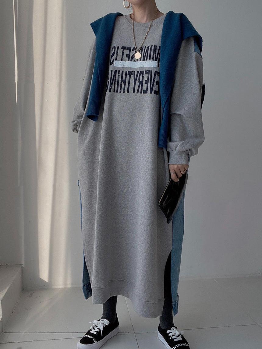 vmtvr - Simple Letter Print Denim Splt-joint Long Sleeve Sweatshirt Dress