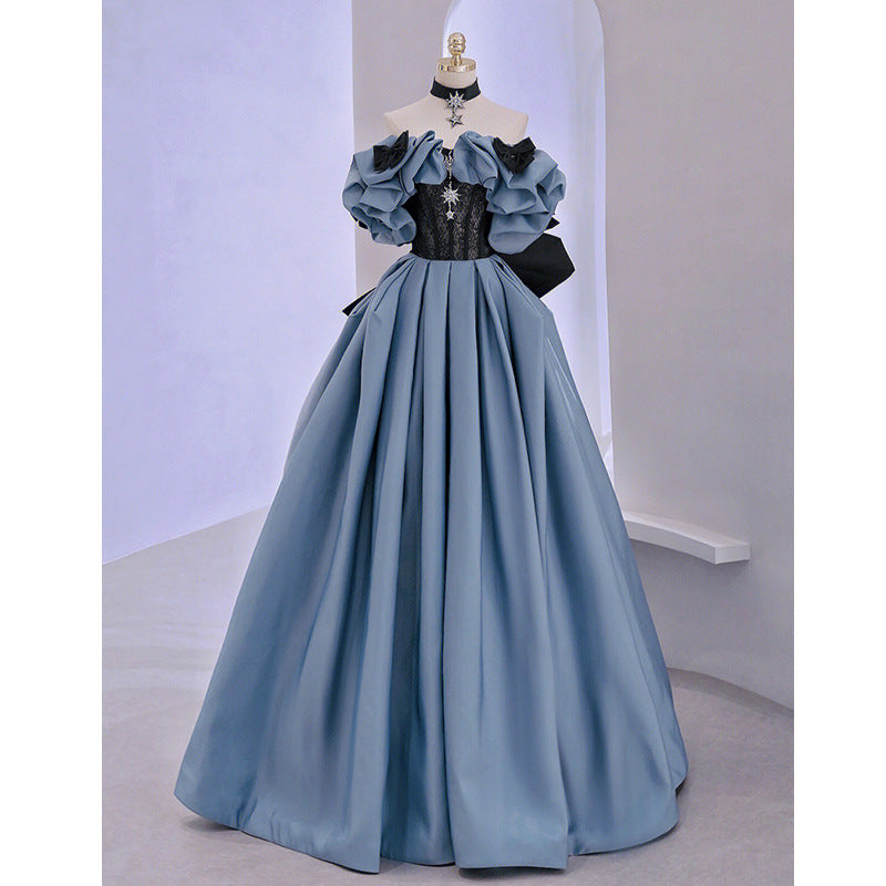 vmtvr dress Blue off-Shoulder Evening Dress for Women New Banquet Host Adult Ceremony Niche Light Luxury Long Dress