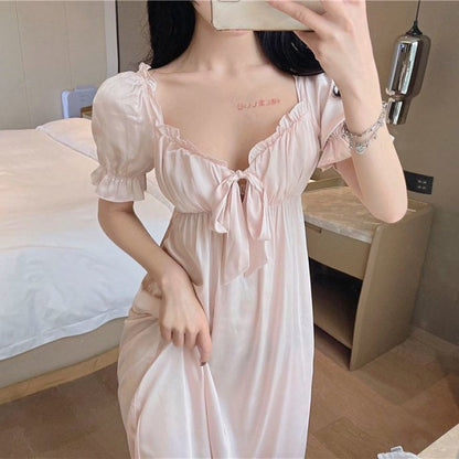 vmtvr fashion outfits Nightdress Women's Summer Ice Silk Short Sleeve 2024 New French Court Princess Style Fairy Long Pajamas Home Wear