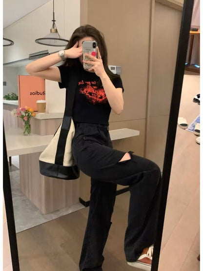 vmtvr joker costume female outfit Black Straight Ripped Jeans Women's High Waist Summer Loose Slimming Pear-Shaped Wide-Leg Pants