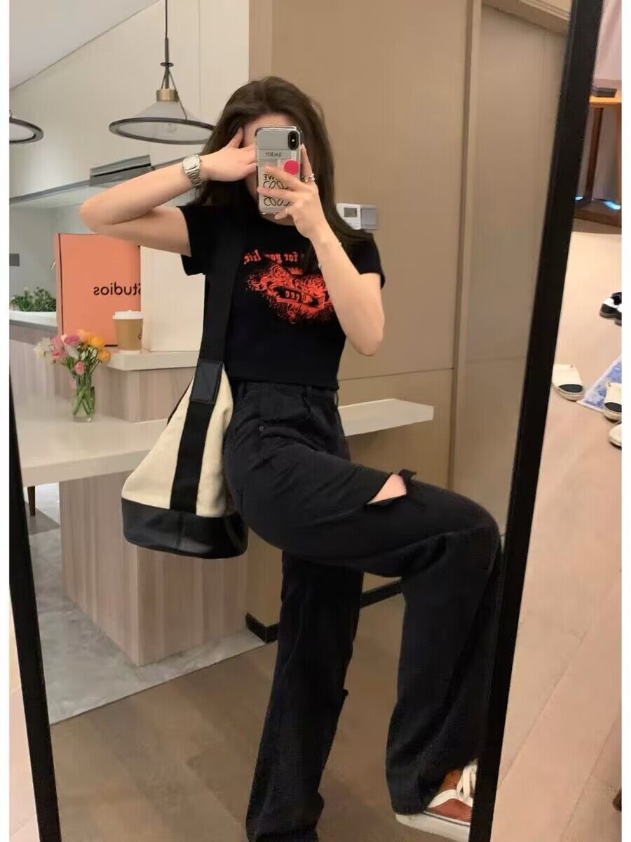 vmtvr joker costume female outfit Black Straight Ripped Jeans Women's High Waist Summer Loose Slimming Pear-Shaped Wide-Leg Pants