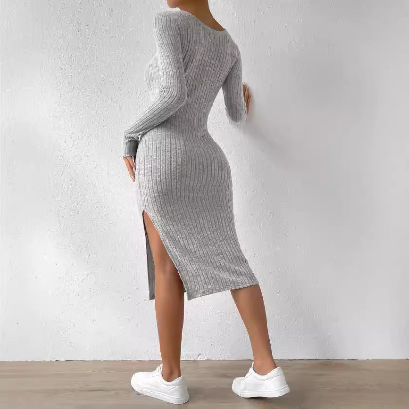 vmtvr y2k outfits Autumn and Winter Square Collar Long Sleeve Hem Slit Jacquard Brushed Dress Women