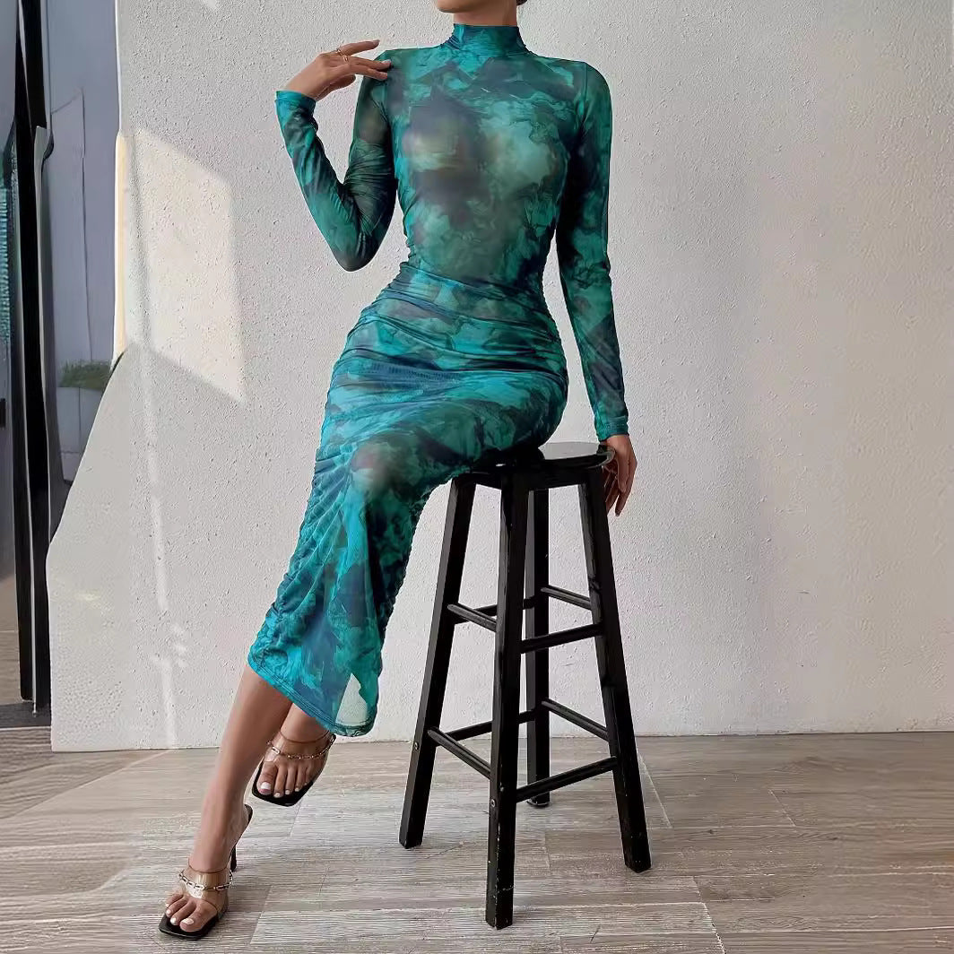 vmtvr widow dress to impress Spring New Fashionable Elastic Transparent Mesh Digital Printing Dress Sexy Hip-Wrapped Temperament Dress