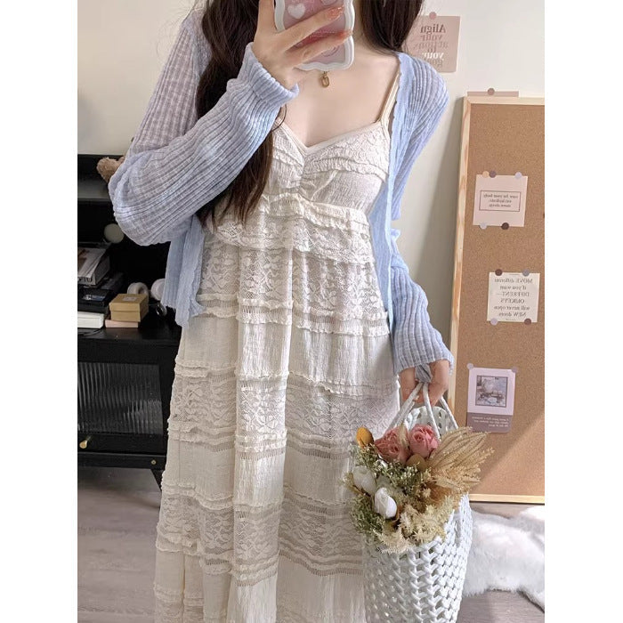 vmtvr dress to impress Lace Small Sling Dress Women's Summer 2024 New French White Seaside Holiday Dress Skirt Two-Piece Set