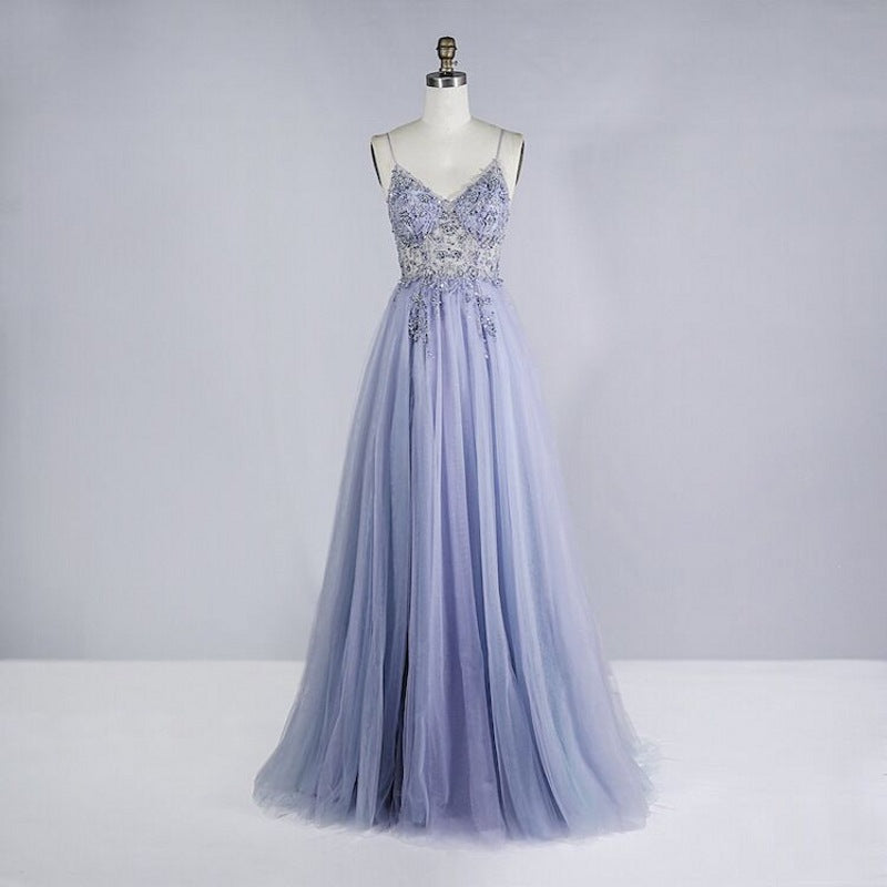 vmtvr pop culture dress to impress Heavy Industry Beaded Crystal Ball Gown 2024 New Autumn and Winter Strap Long Sexy Tulle V-neck Evening Gown