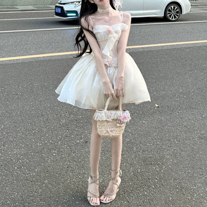 vmtvr ribbons galore dress to impress Summer New Korean Style White Moonlight First Love Sense Niche Exquisite Waist Slimming Sling Tail Dress Short Skirt for Women