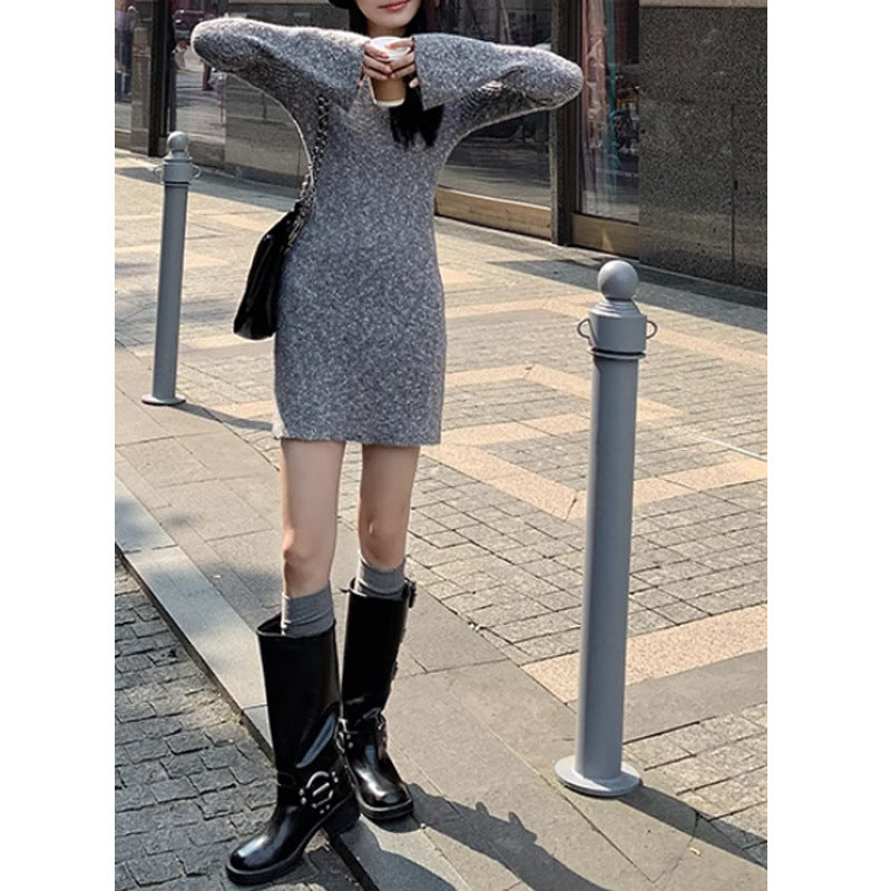 vmtvr 90s fashion Sexy V-neck Knitted Dress Women's 2024 Autumn and Winter Slim Fit Inner Waist Bottoming Hip Skirt Flared Sleeve Fashion