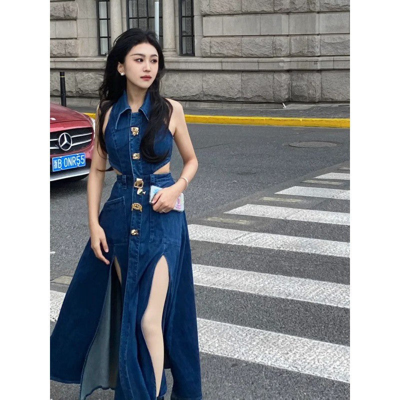 vmtvr frat boy outfits American Hot Girl Hollow-out Waist Denim Dress Women's Summer New Retro Temperament Sleeveless Split Dress