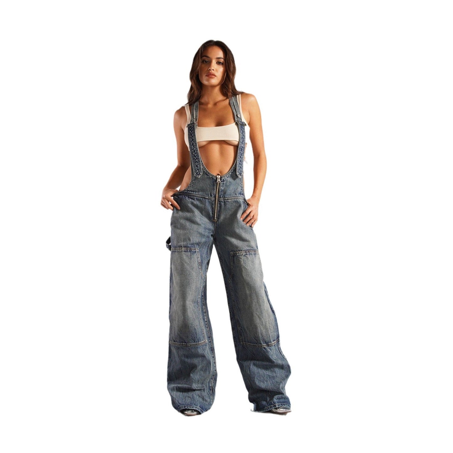 vmtvr summer outfits inspo Street Style Low Waist Suspender One-Piece Wide Leg Jeans Summer New Personalized Hot Girl Distressed Straight Trousers