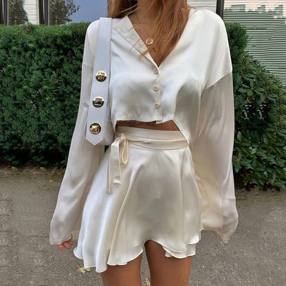 vmtvr concert outfit dress to impress Tz30006 Summer New Women's Clothing Solid Color Sexy High Waist Lace-up Short Skirt Long Sleeve Button Cardigan Top Suit Sets