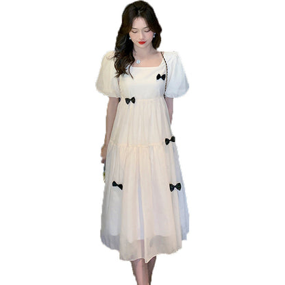 --Summer French dress first love dress retro gentle style square neck puff sleeve white dress female spring student