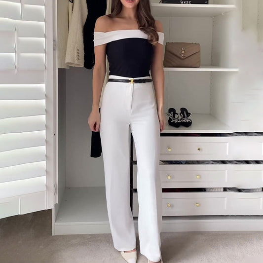 vmtvr work outfits women Summer 2024 New off-Shoulder Contrast Color Fashion Straight Trousers Two-Piece Set