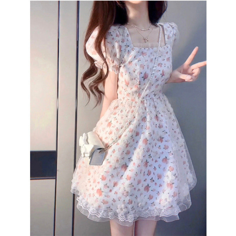 vmtvr harajuku dress to impress French Milk Sweet Floral Princess Dress Waist-Tight Chic First Love Gentle Style Puff Sleeve Fluffy Dress Summer