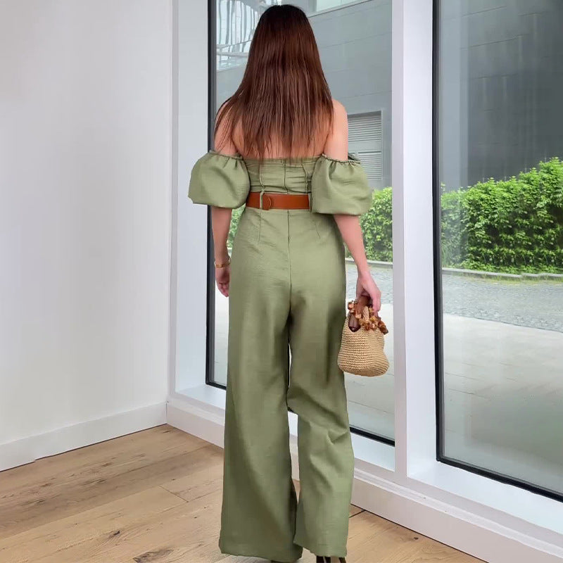 vmtvr 2024 fall fashion trends New Summer off-Shoulder Bubble Sleeve High Waist Belt Slim Temperament Jumpsuit