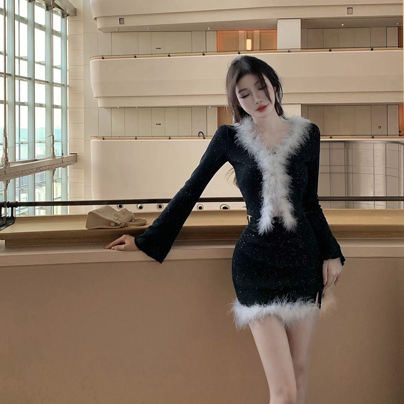 vmtvr dress to impress outfits Socialite Elegant Feather Shiny Suit 2024 Spring and Summer Stitching Knitted V-neck Top + High Waist Skirt Two-Piece Set