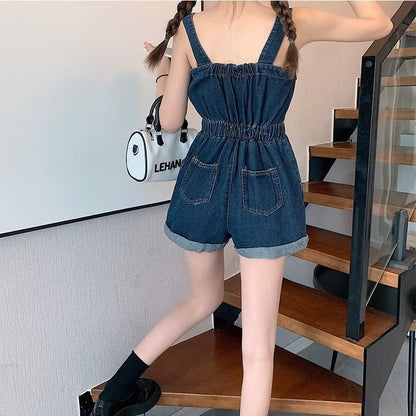 vmtvr going out outfits 2024 Summer New Workwear Suspender Jeans Women's Small Tight Waist Fashion Wide Leg Curling One-Piece Shorts