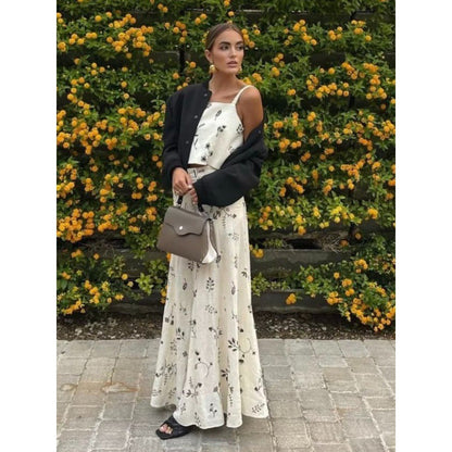 vmtvr going out outfits Summer New Blogger Small Flower Embroidered Strap High Waist Skirt Long Skirt Suit