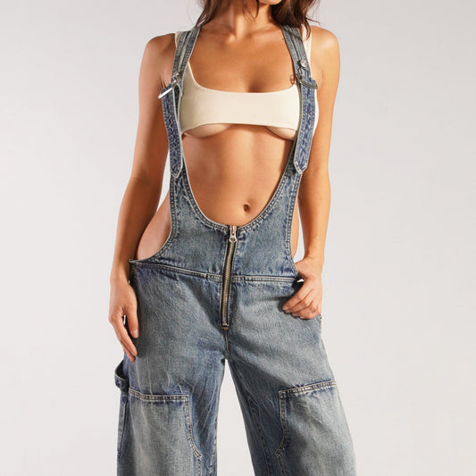 vmtvr summer outfits inspo Street Style Low Waist Suspender One-Piece Wide Leg Jeans Summer New Personalized Hot Girl Distressed Straight Trousers