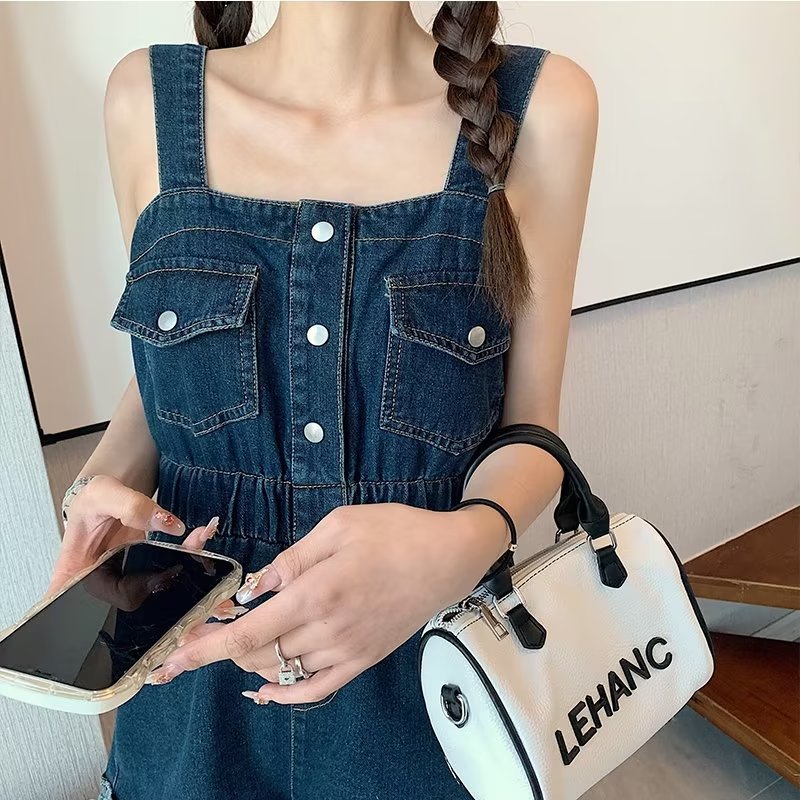 vmtvr going out outfits 2024 Summer New Workwear Suspender Jeans Women's Small Tight Waist Fashion Wide Leg Curling One-Piece Shorts