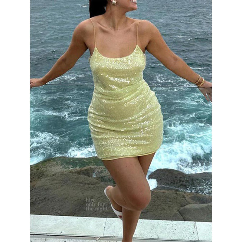 VMTVR 2025 Sexy sequin short suspender dress popular  New fashion female hip wrap party mini skirt