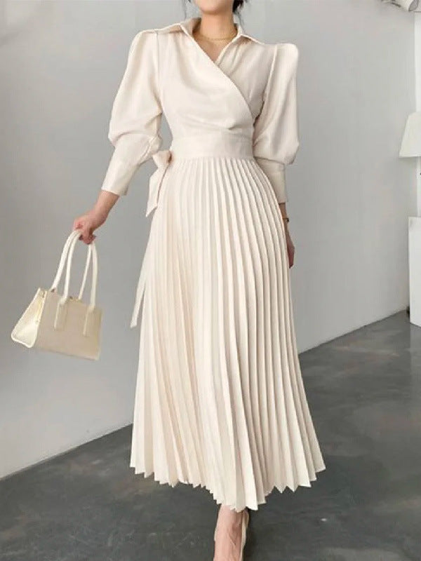 vmtvr work outfits women Summer New Simple Polo Collar Tight Waist Lace-up Pleated Long Dress