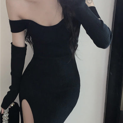 vmtvr dress to impress outfits Knitted Dress Women's Black off-Shoulder Oversleeve Bottoming Midi Dress Summer New Elegant Skirt