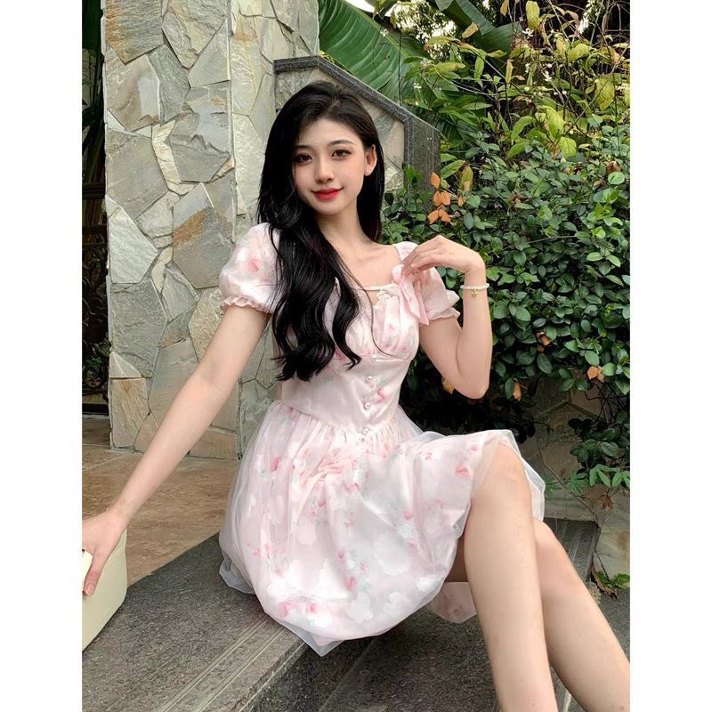 vmtvr outfit inspo Pink Floral Dress Women's Summer 2024 New Elegant Socialite Sweet Waist Princess Style Fluffy Short Skirt